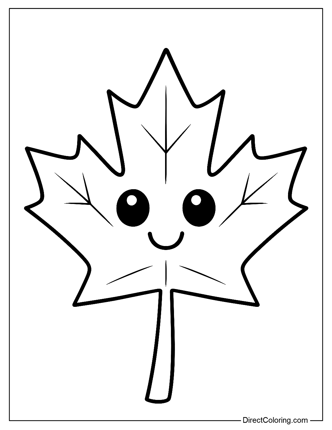 A large maple leaf coloring page with a happy face, with big round eyes and a cute smile.